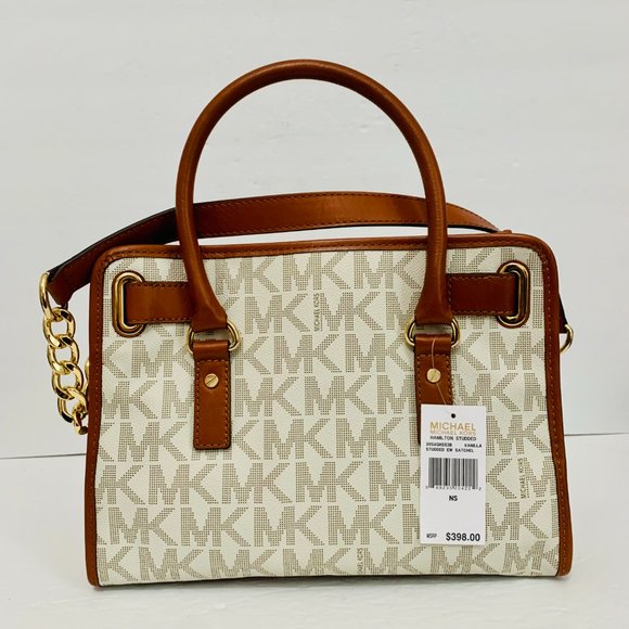 MICHAEL KORS HAMILTON STUDDED VANILLA AND GOLD SATCHEL WITH DUST BAG - Picture 4 of 14